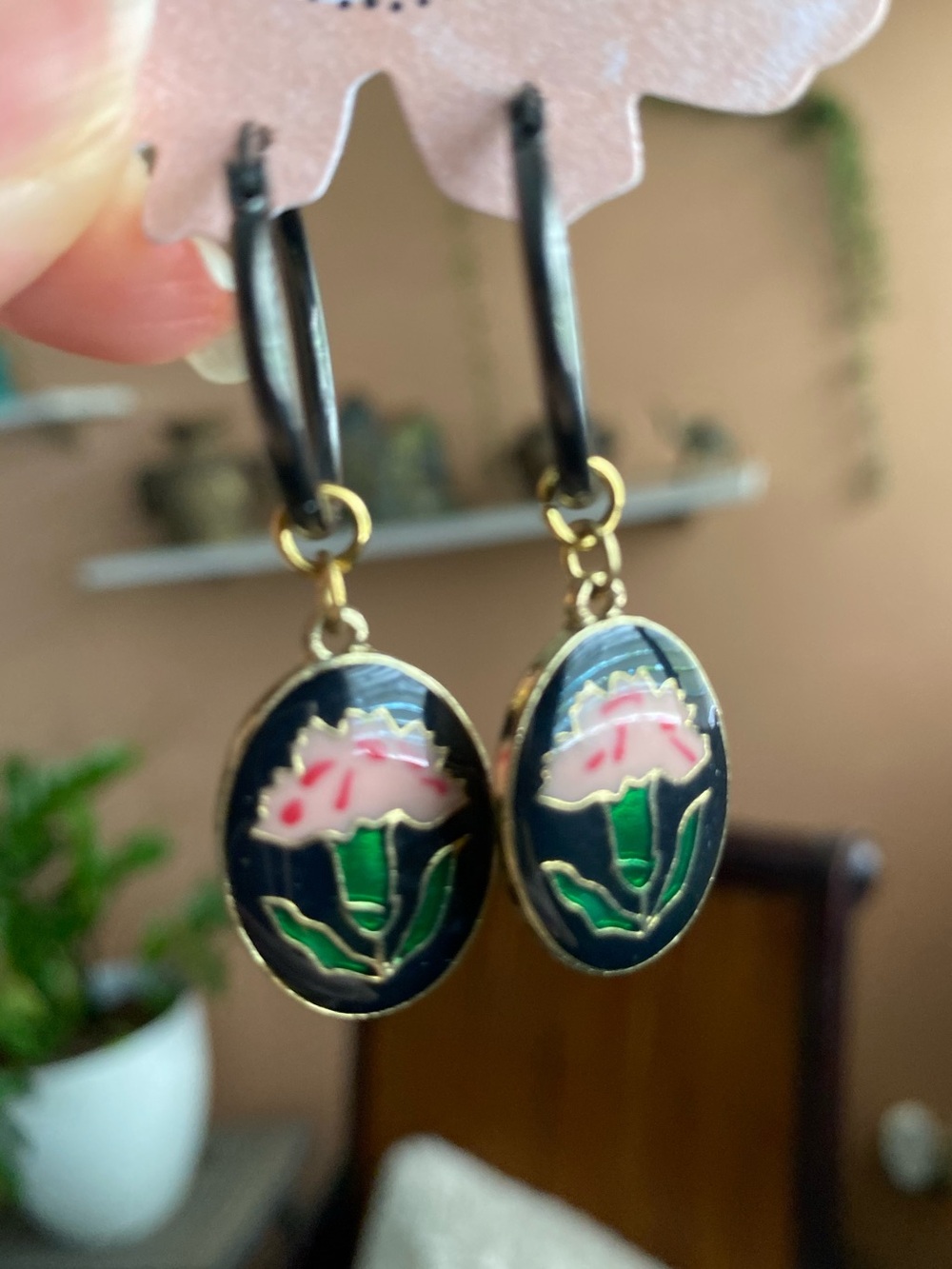 Free people Black Hoop Earrings with Pink Floral Enamel Pendants